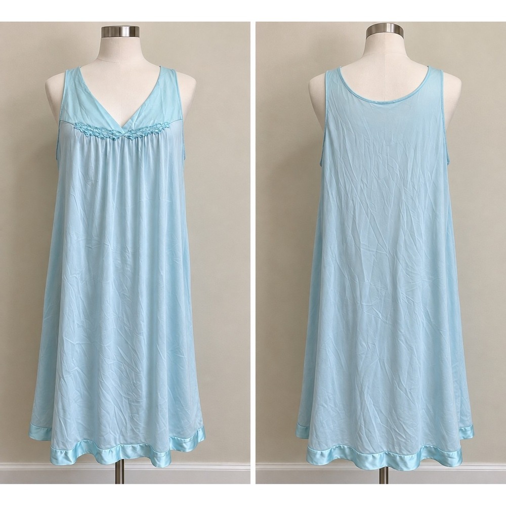 Vintage Vanity Fair Nightgown Womens L Blue Nylon Lingerie Sleepwear Gown 42